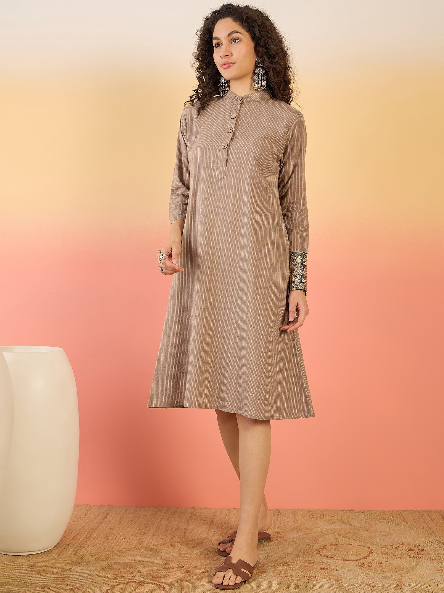 InWeave Light Brown Kantha Mandarin Button Dress - Swadesiicart