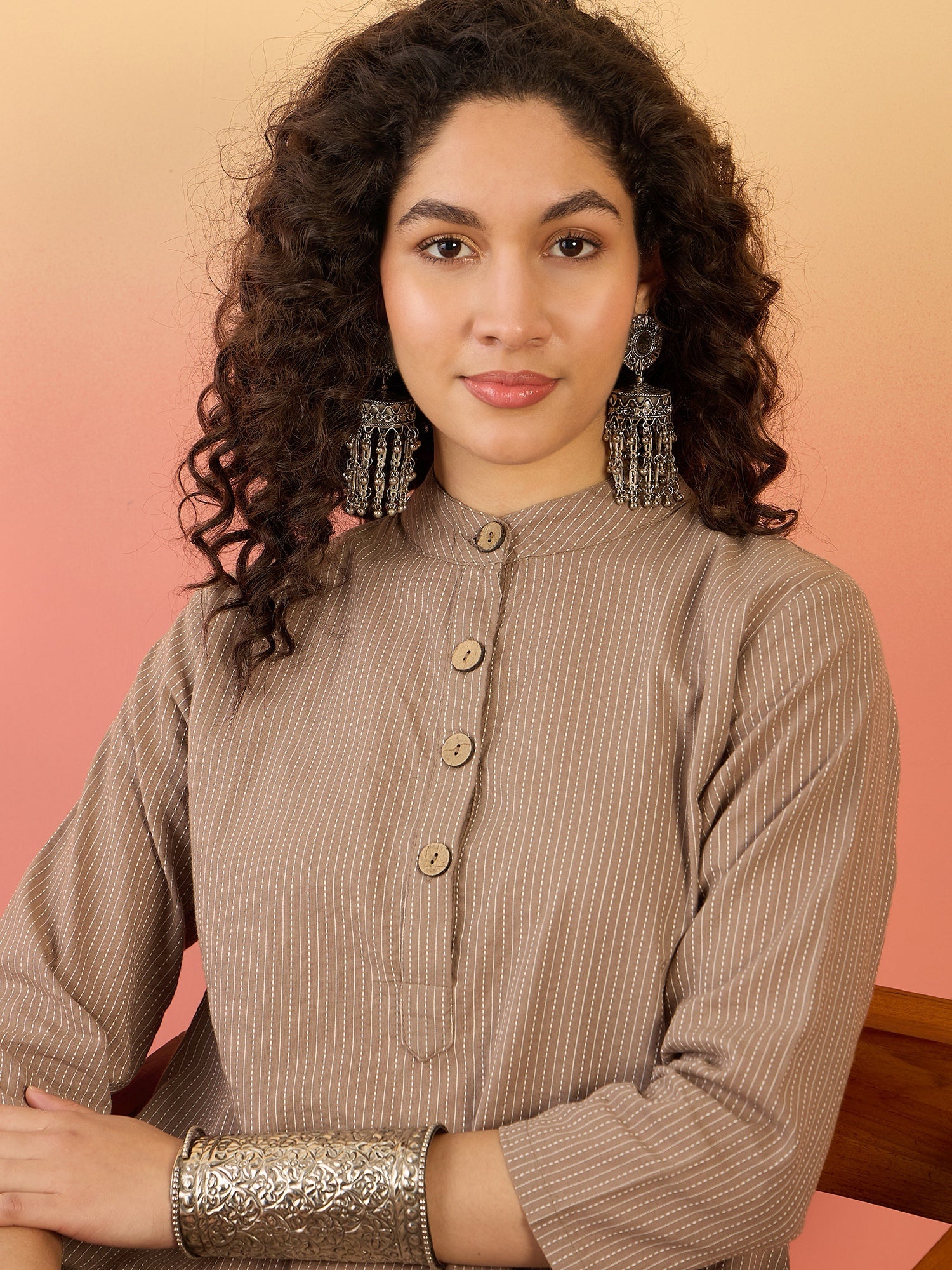 InWeave Light Brown Kantha Mandarin Button Dress - Swadesiicart