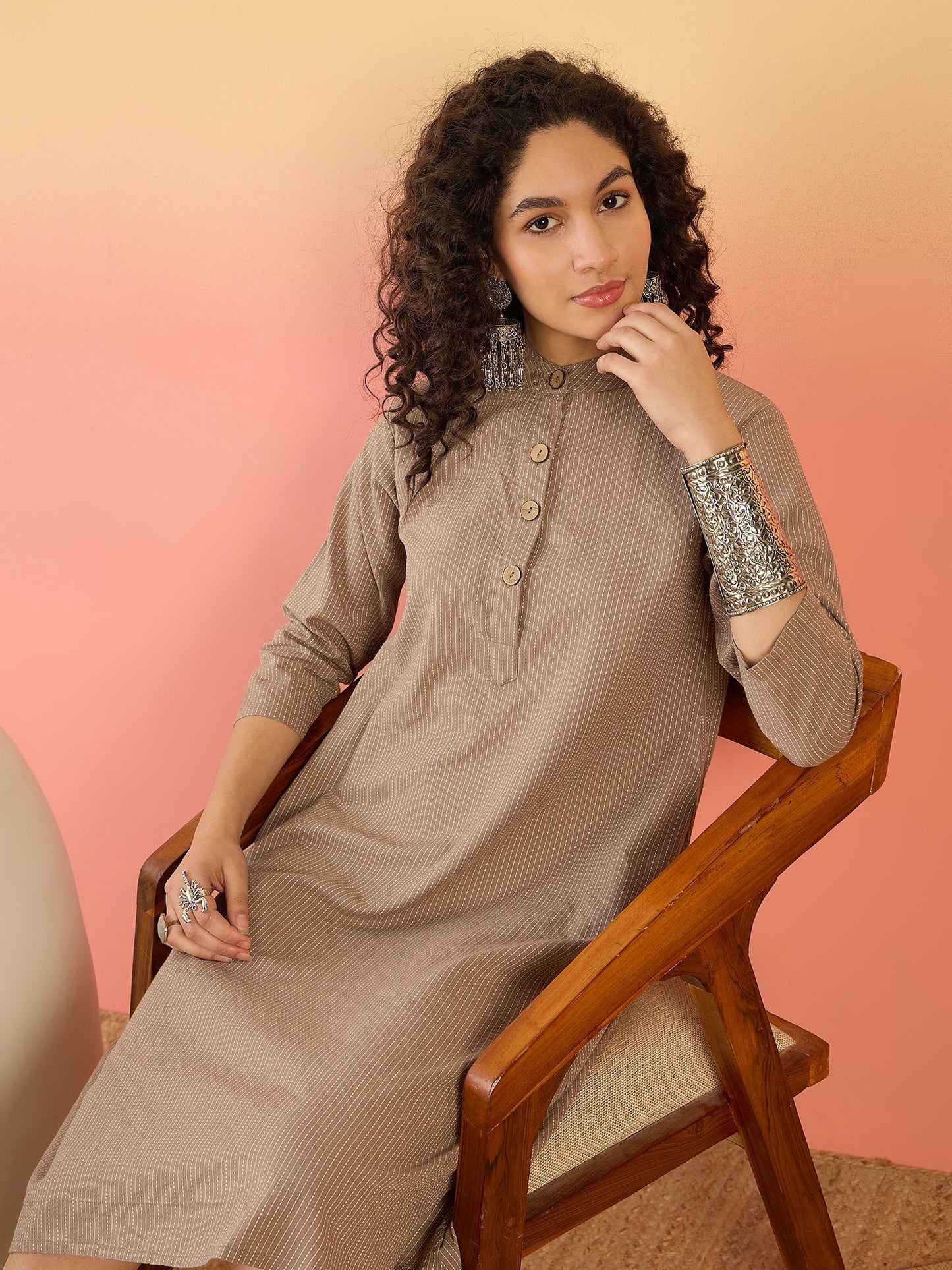 InWeave Light Brown Kantha Mandarin Button Dress - Swadesiicart