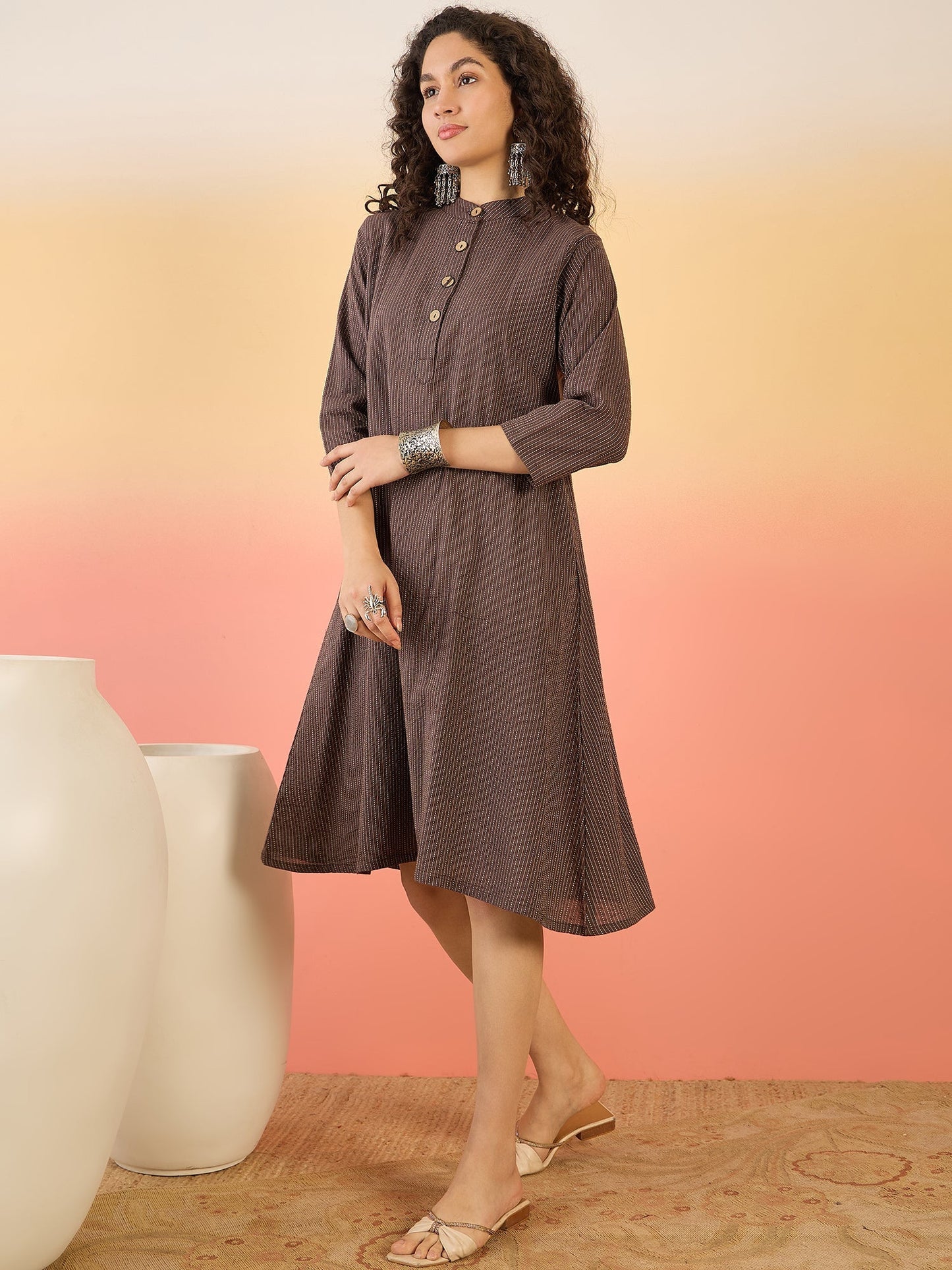 InWeave Dark Brown Kantha Mandarin Button Dress - Swadesiicart
