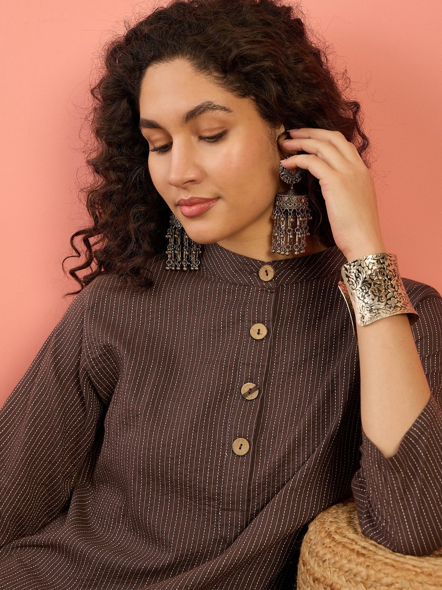 InWeave Dark Brown Kantha Mandarin Button Dress - Swadesiicart