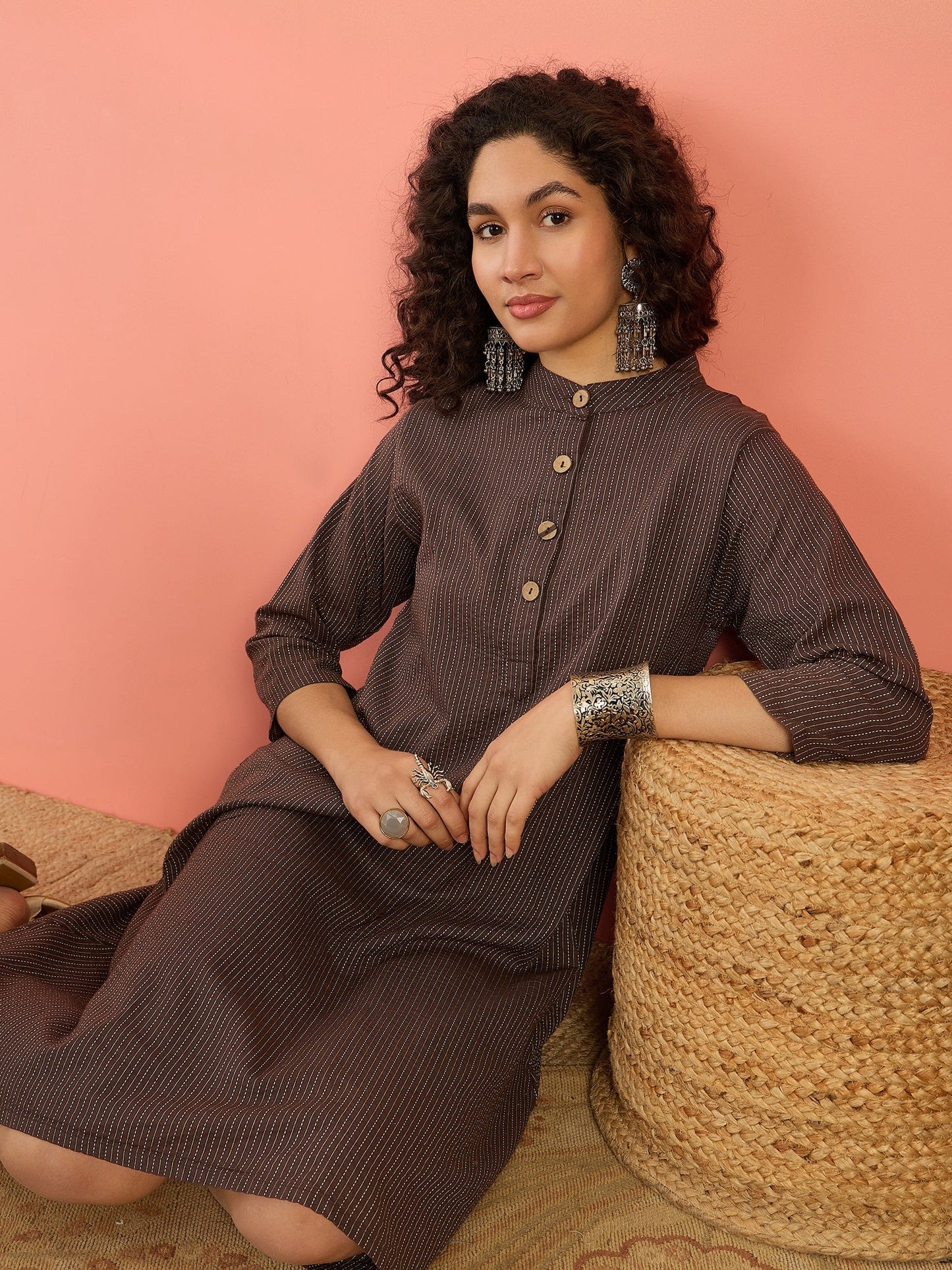 InWeave Dark Brown Kantha Mandarin Button Dress - Swadesiicart