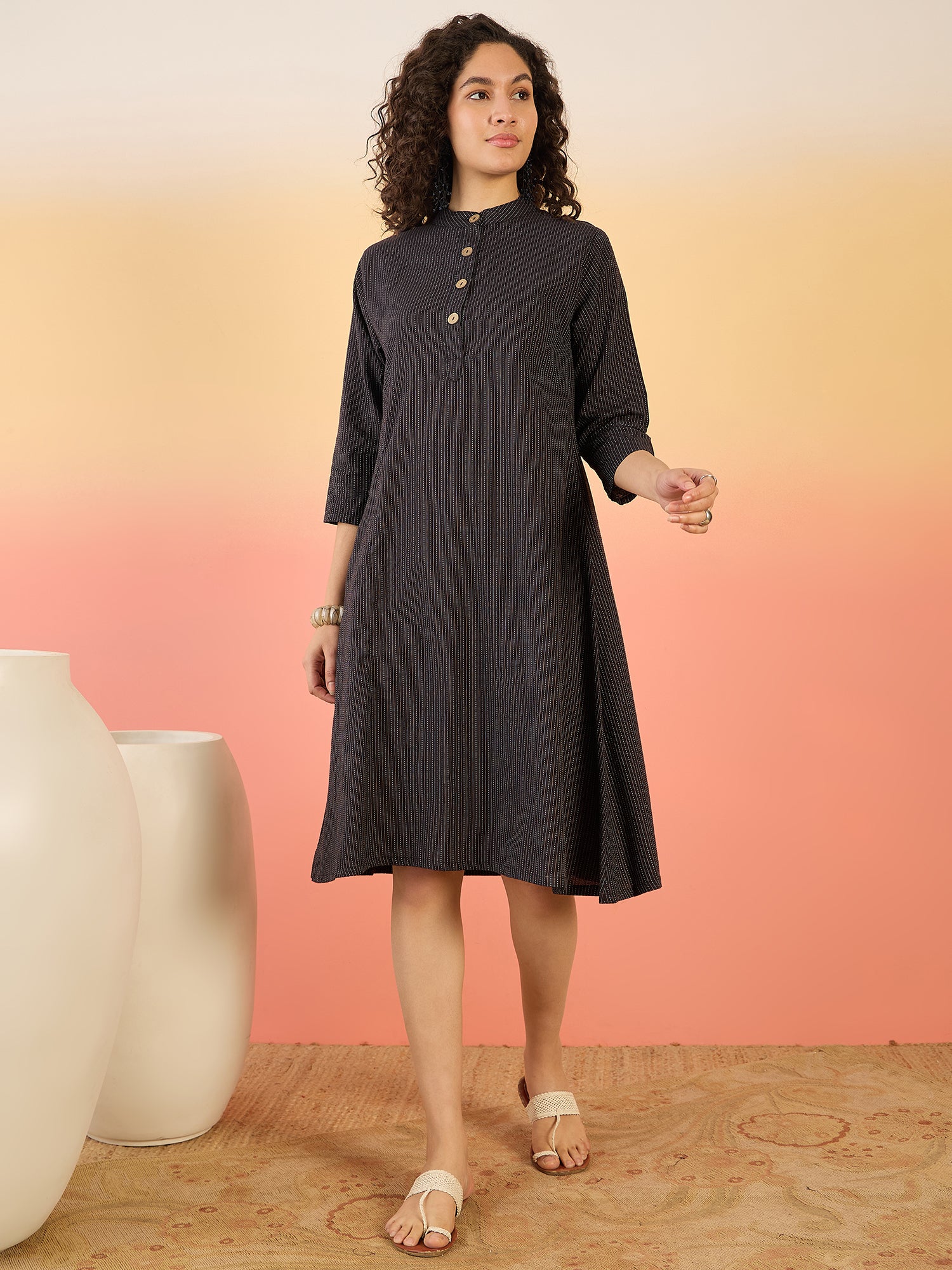InWeave Black Kantha Mandarin Button Dress - Swadesiicart