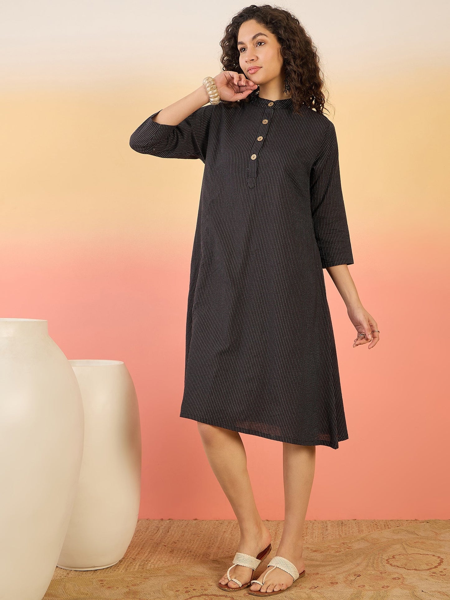 InWeave Black Kantha Mandarin Button Dress - Swadesiicart