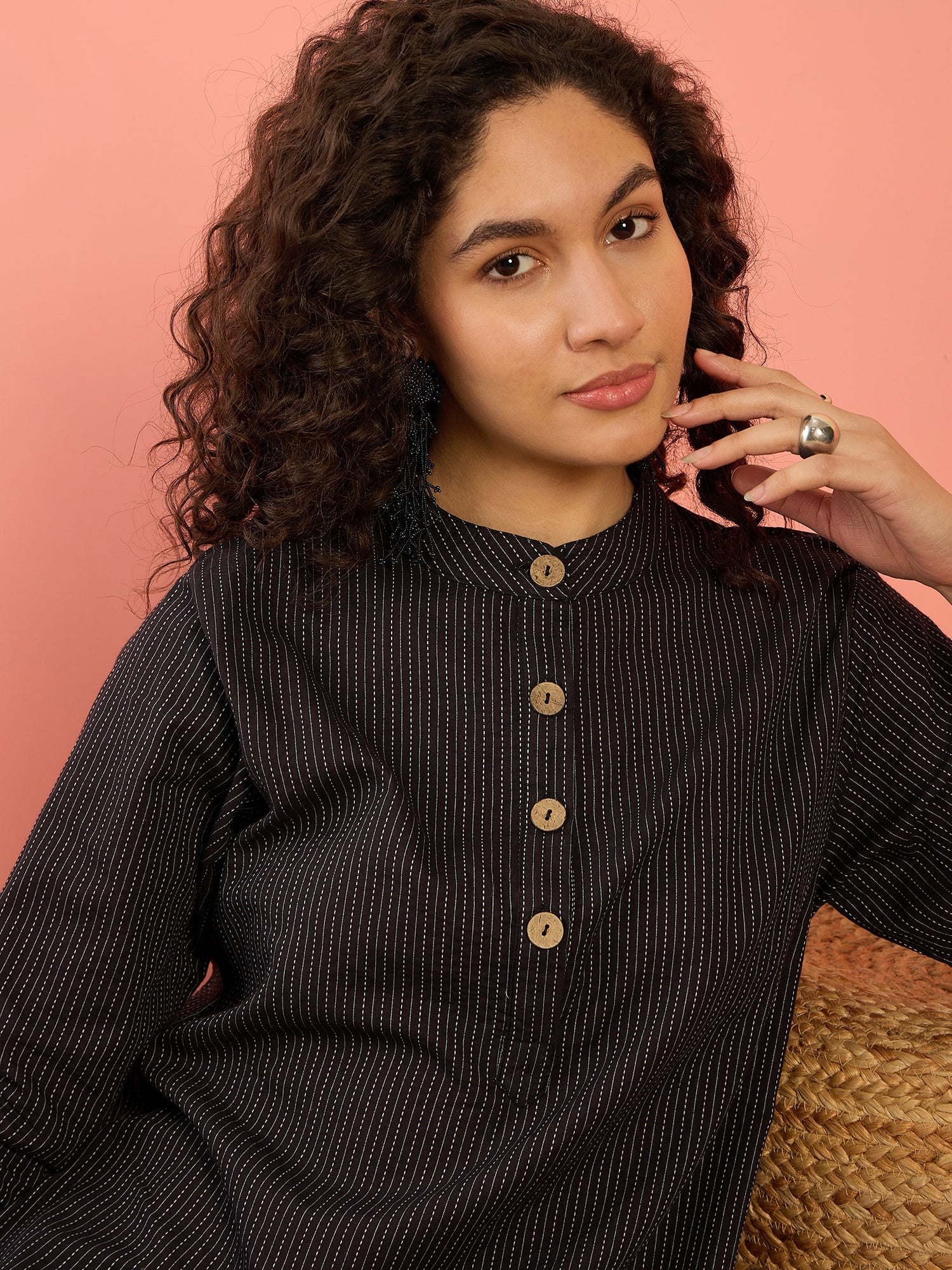 InWeave Black Kantha Mandarin Button Dress - Swadesiicart