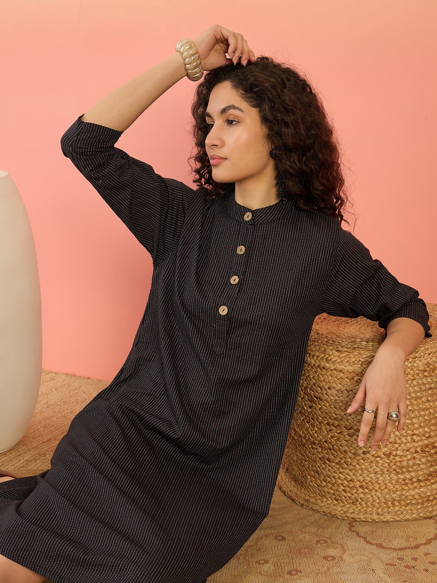 InWeave Black Kantha Mandarin Button Dress - Swadesiicart