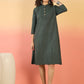 InWeave Dark Green Kantha Mandarin Button Dress - Swadesiicart