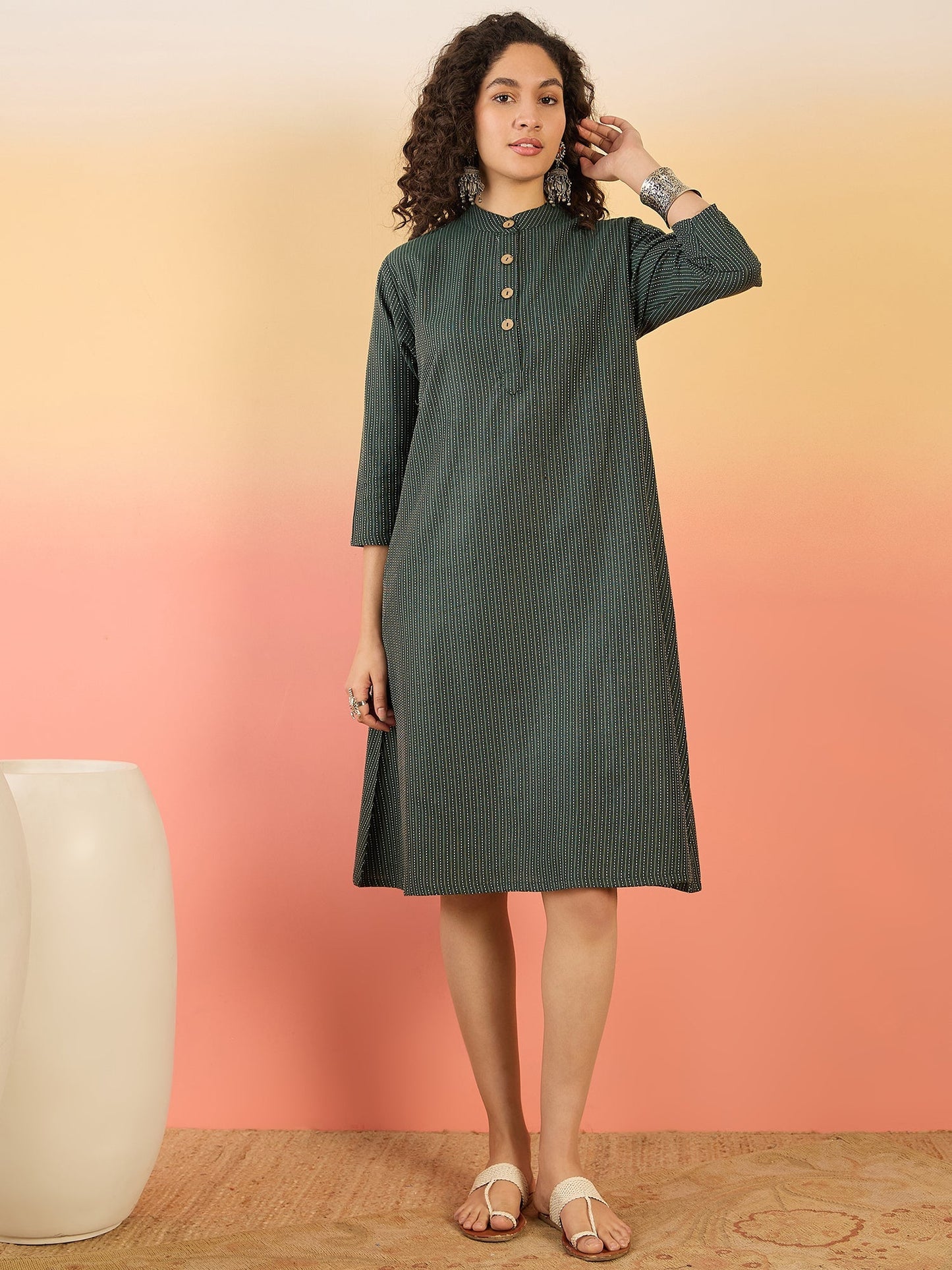 InWeave Dark Green Kantha Mandarin Button Dress - Swadesiicart