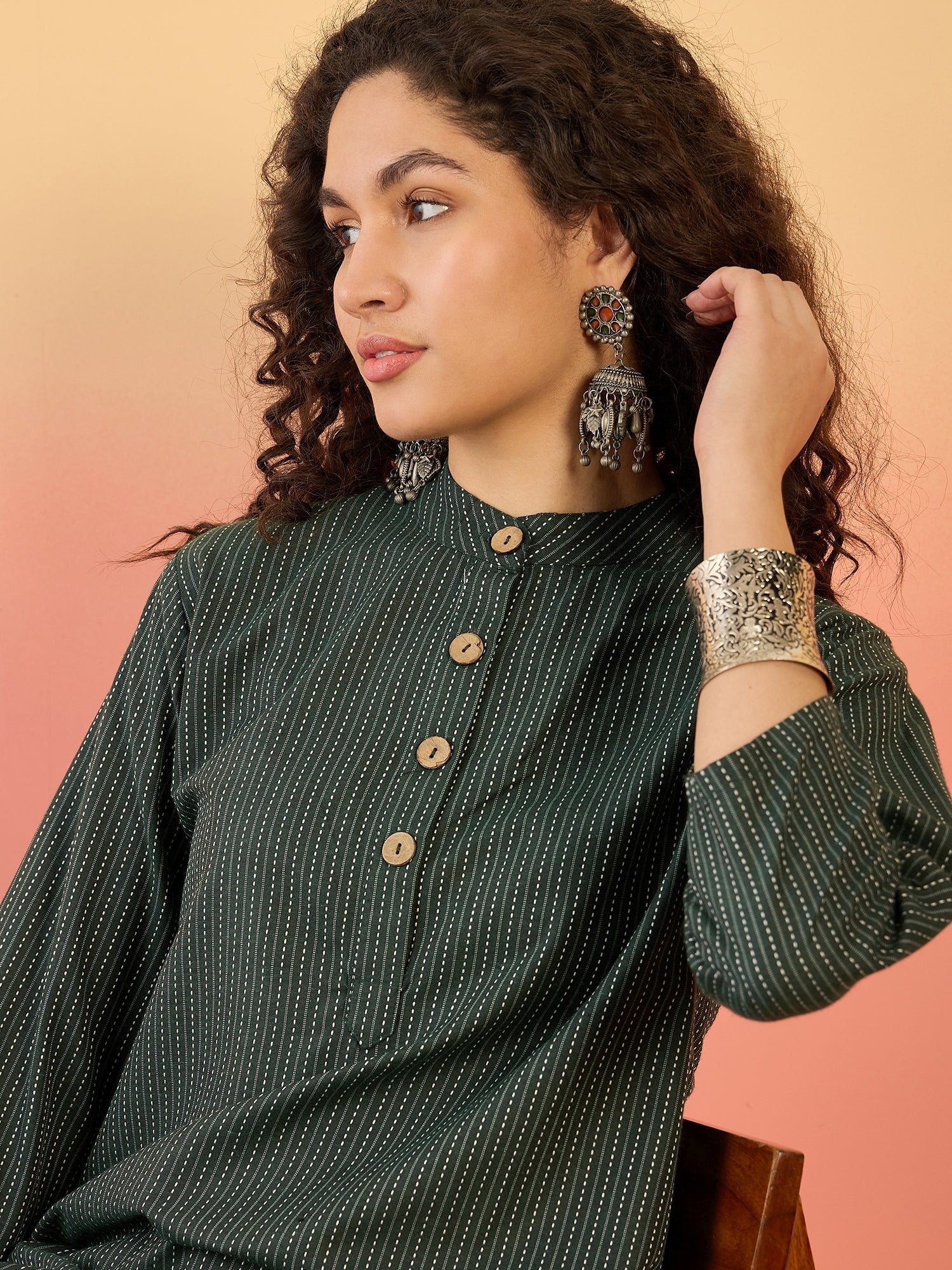 InWeave Dark Green Kantha Mandarin Button Dress - Swadesiicart