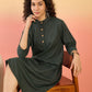 InWeave Dark Green Kantha Mandarin Button Dress - Swadesiicart