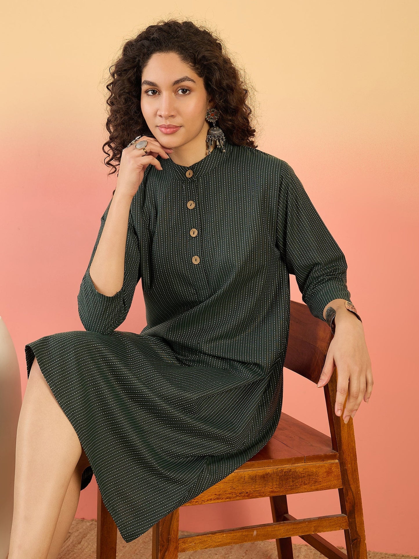 InWeave Dark Green Kantha Mandarin Button Dress - Swadesiicart