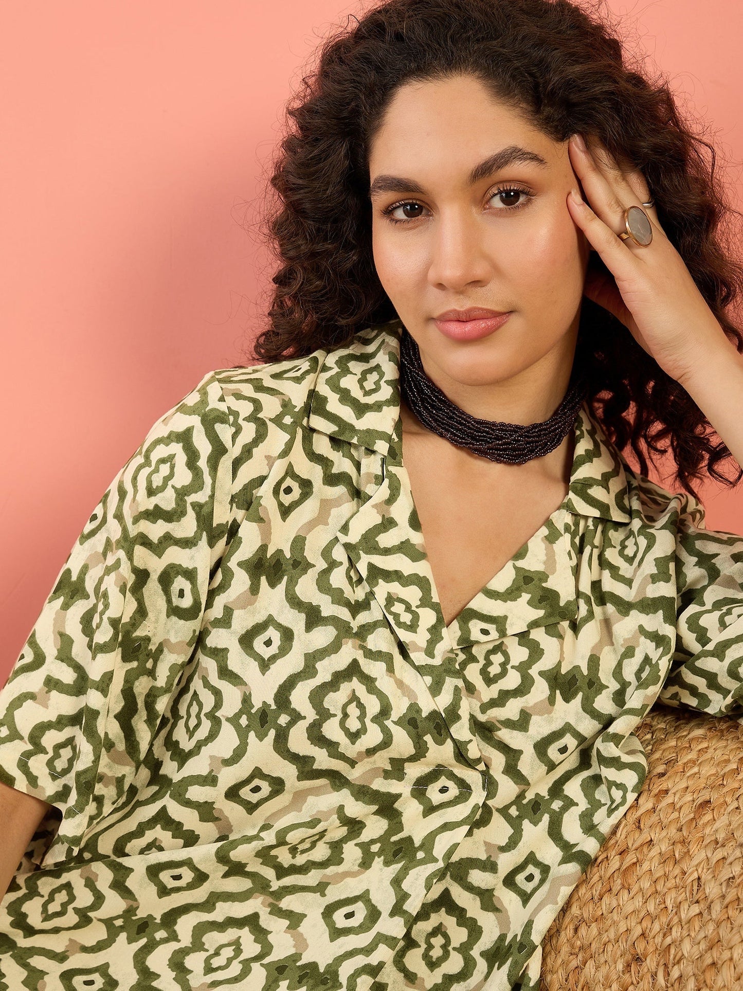 InWeave Mehandi Green Moroccan Collar Dress - Swadesiicart