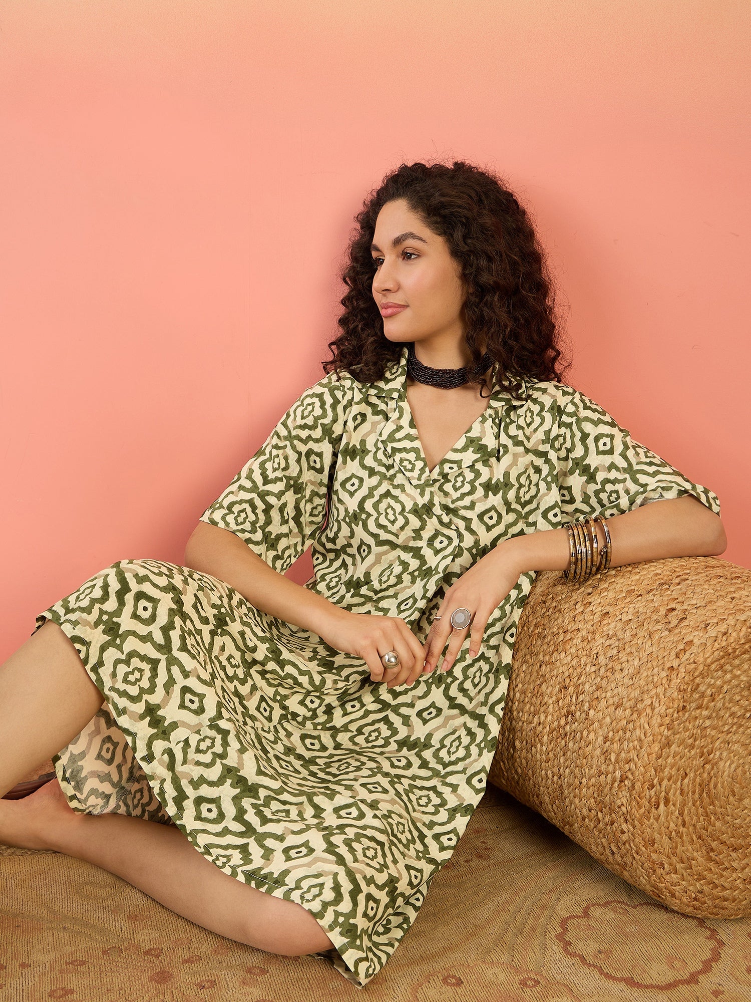 InWeave Mehandi Green Moroccan Collar Dress - Swadesiicart