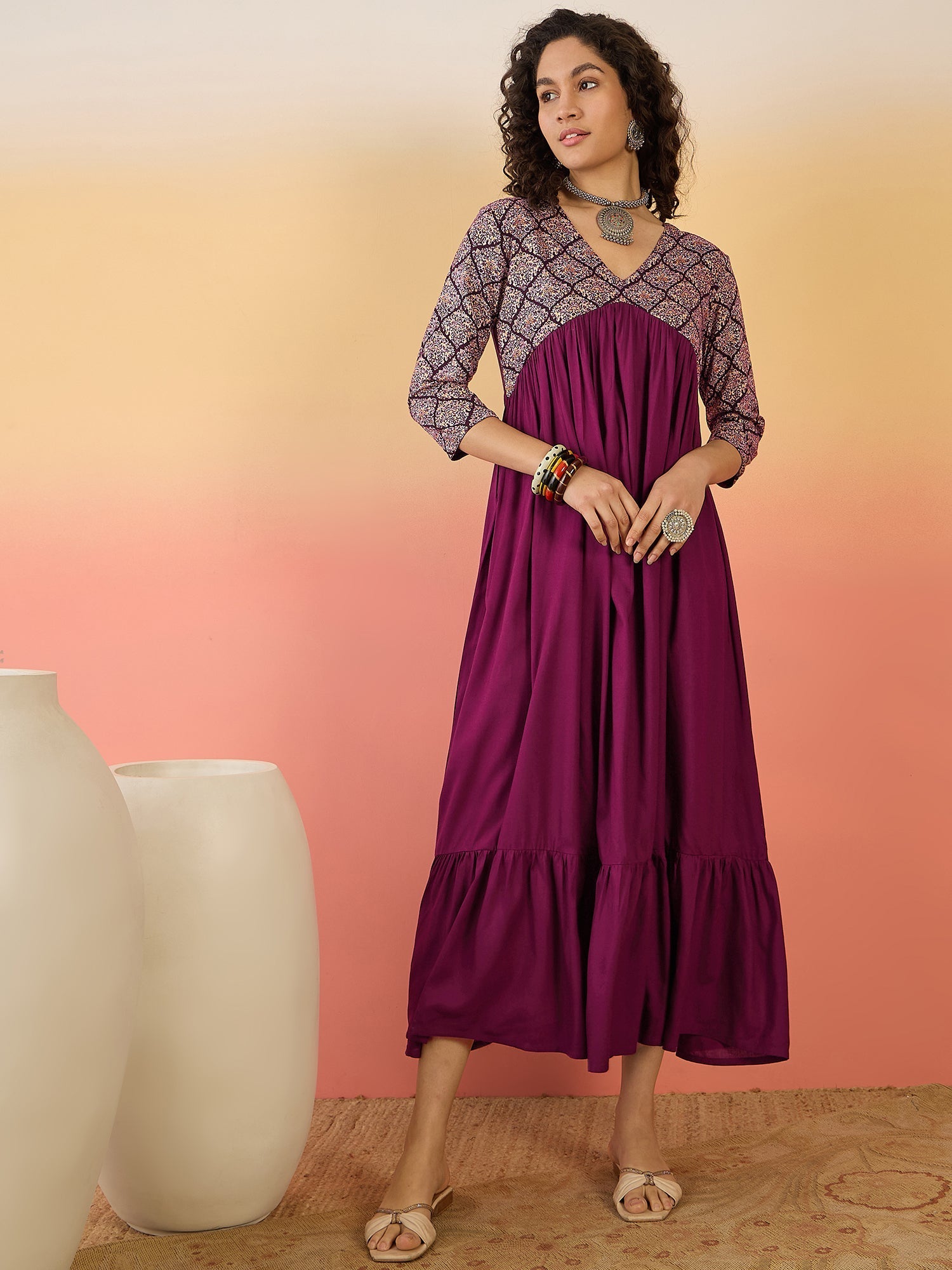 InWeave Wine Ogee Foil V Neck Teared Dress - Swadesiicart