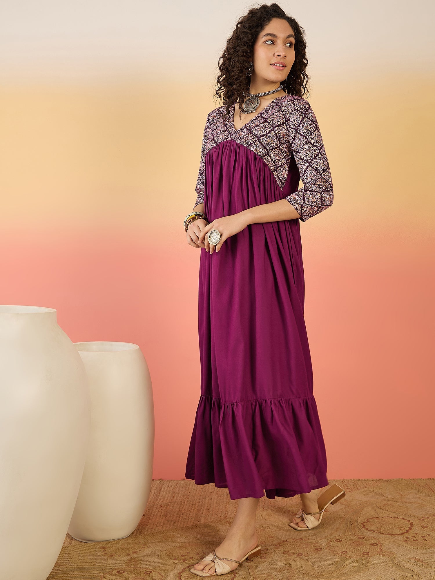 InWeave Wine Ogee Foil V Neck Teared Dress - Swadesiicart