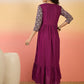 InWeave Wine Ogee Foil V Neck Teared Dress - Swadesiicart