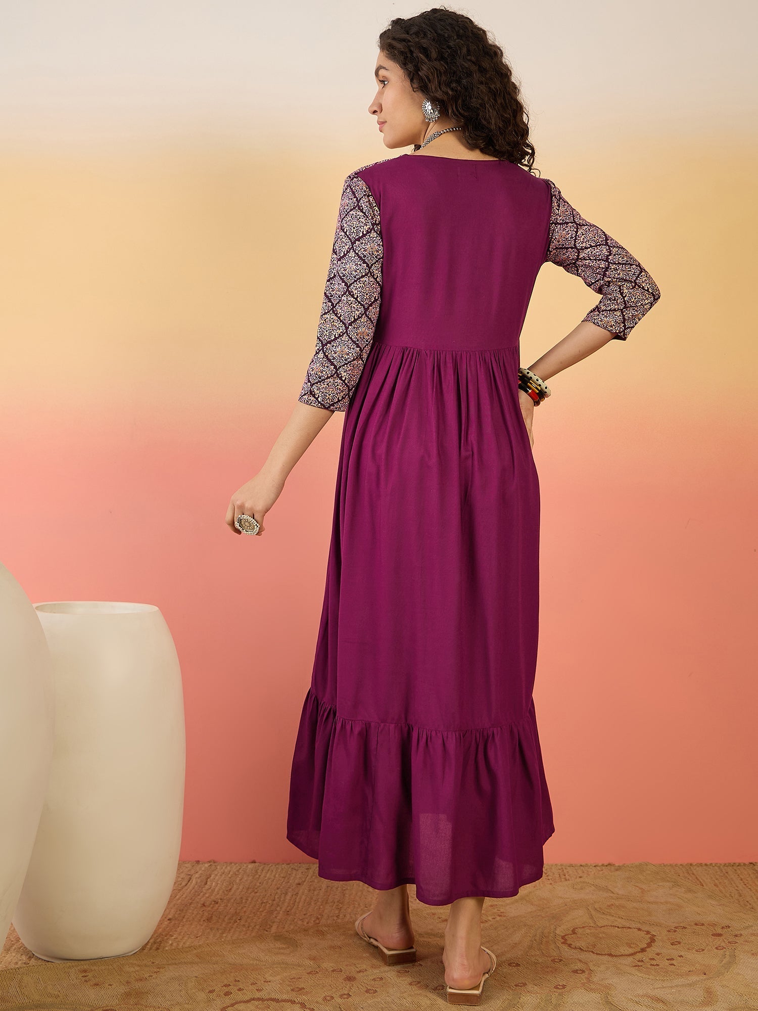InWeave Wine Ogee Foil V Neck Teared Dress - Swadesiicart