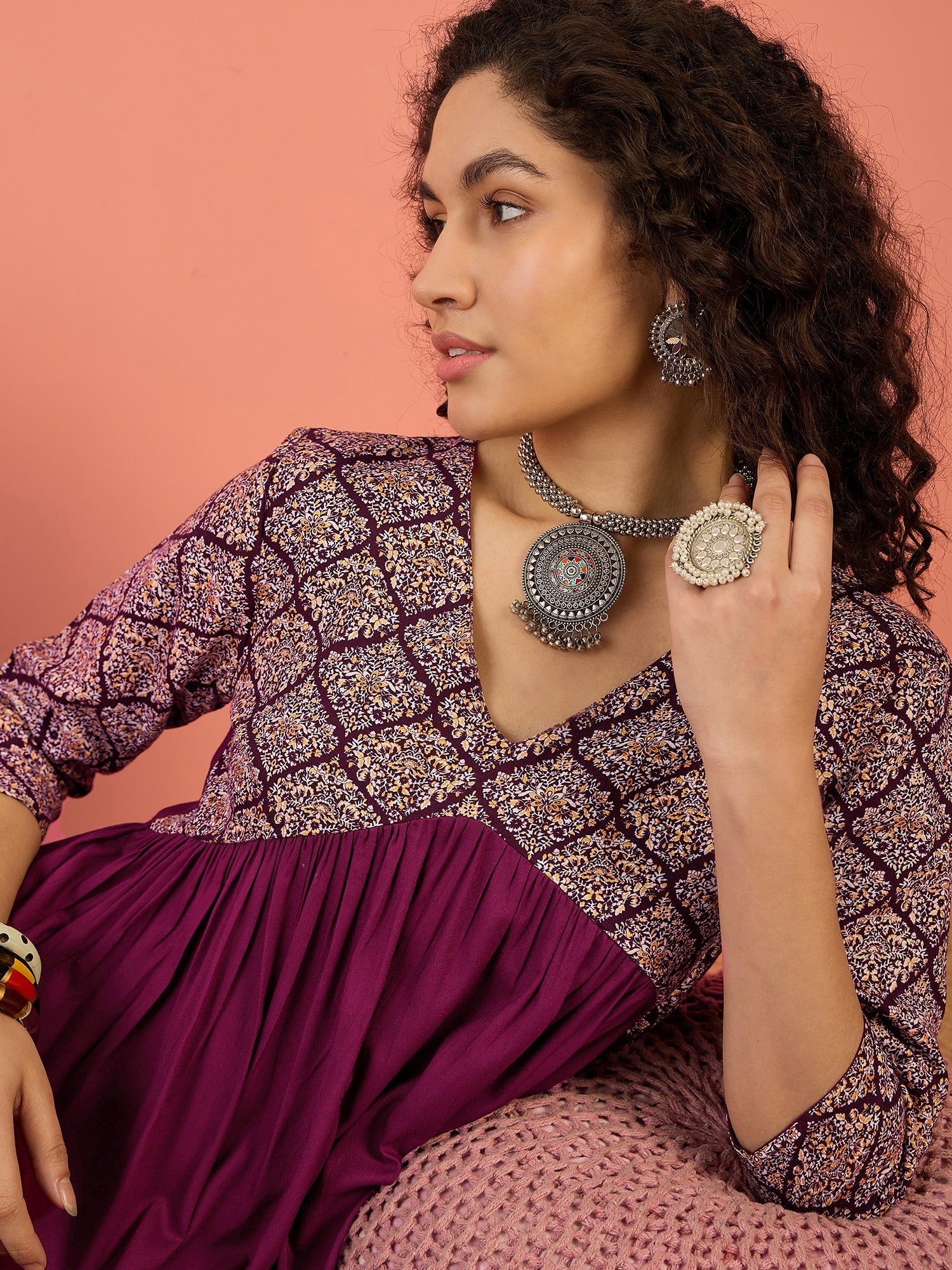 InWeave Wine Ogee Foil V Neck Teared Dress - Swadesiicart