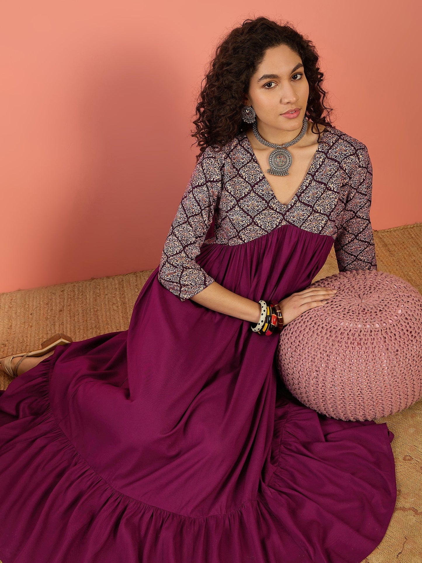 InWeave Wine Ogee Foil V Neck Teared Dress - Swadesiicart