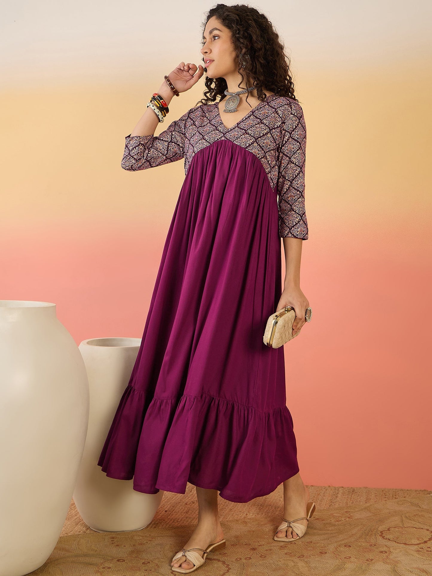 InWeave Wine Ogee Foil V Neck Teared Dress - Swadesiicart