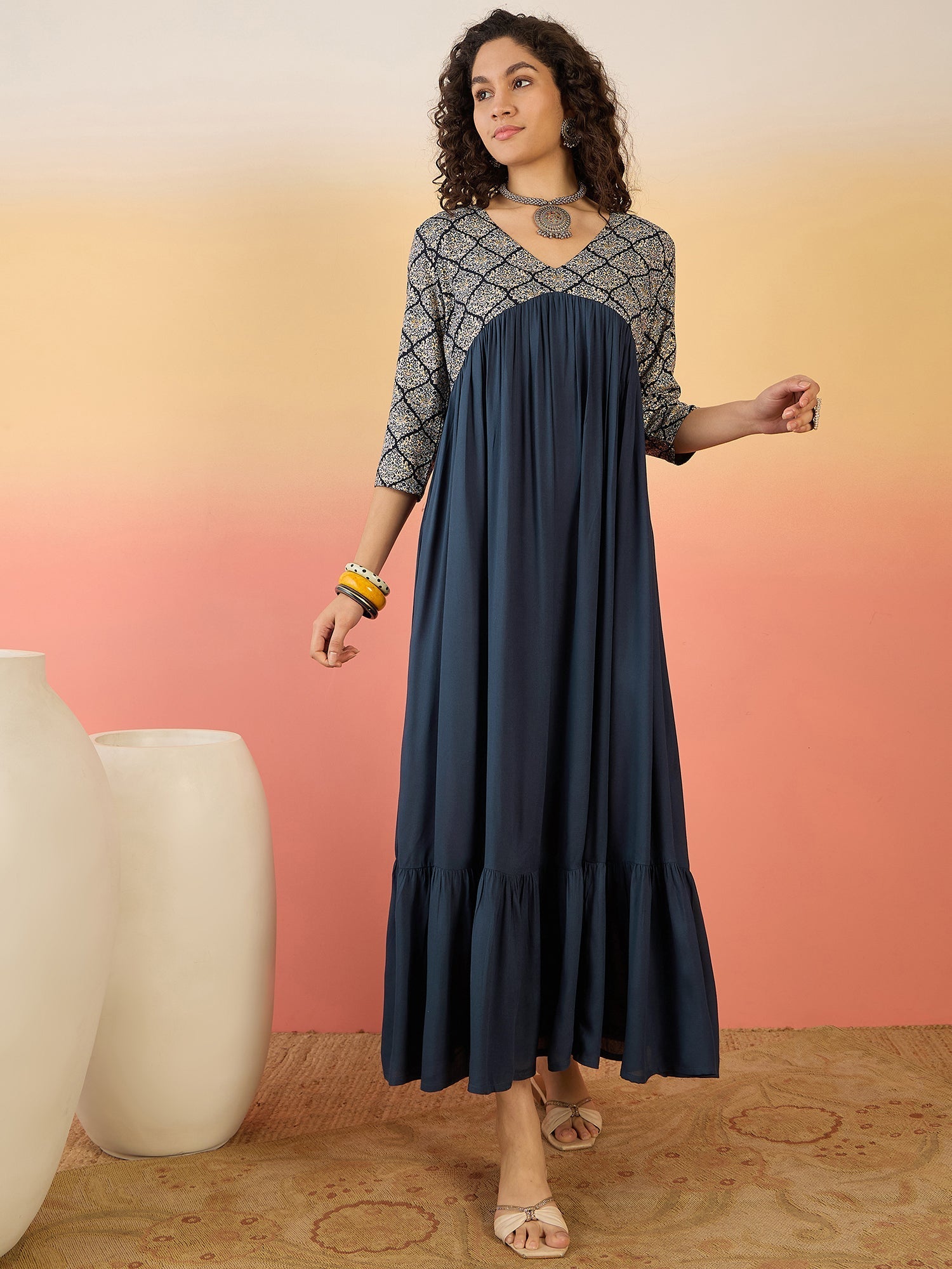 InWeave Navy Ogee Foil V Neck Teared Dress - Swadesiicart