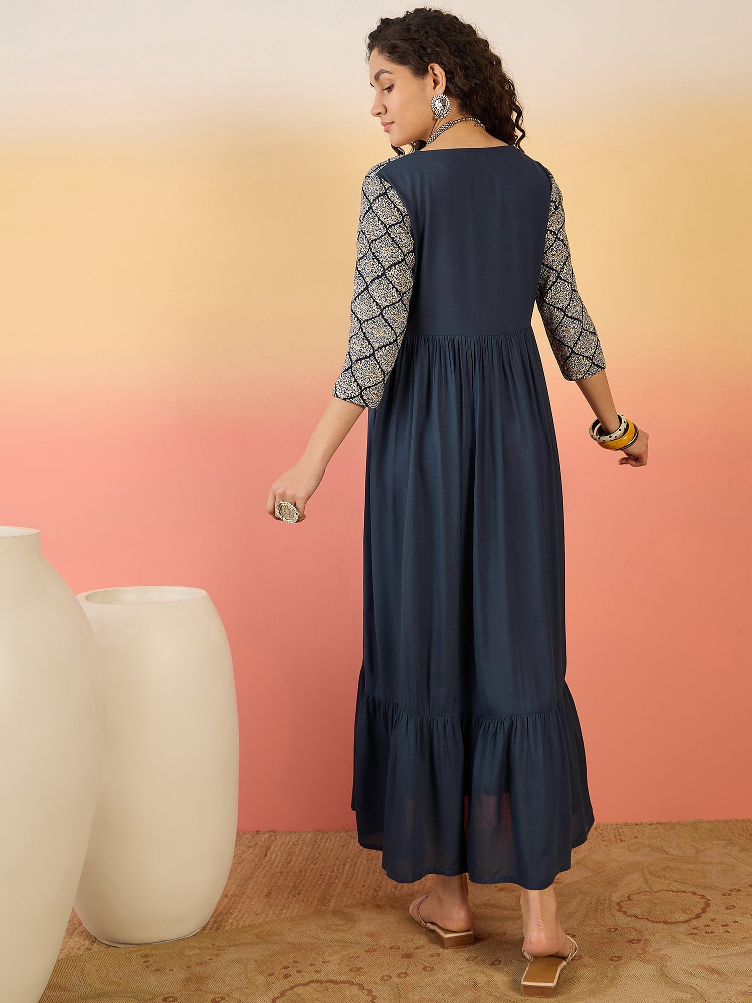 InWeave Navy Ogee Foil V Neck Teared Dress - Swadesiicart