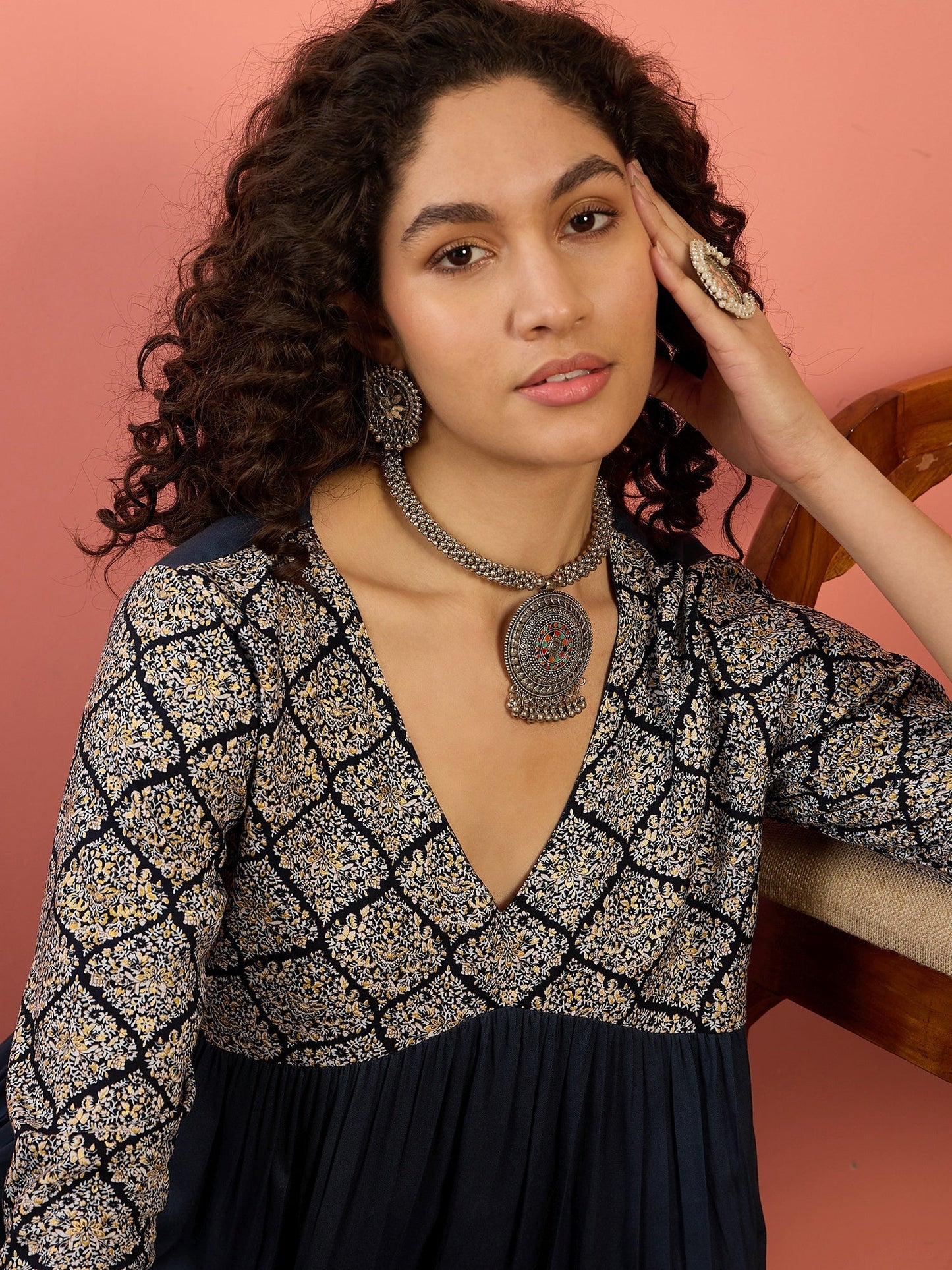 InWeave Navy Ogee Foil V Neck Teared Dress - Swadesiicart