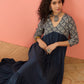 InWeave Navy Ogee Foil V Neck Teared Dress - Swadesiicart