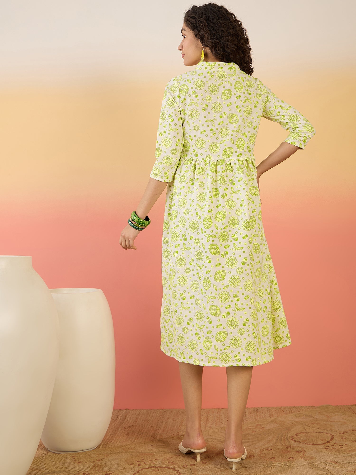 InWeave Green White Rubber Print Flared Dress - Swadesiicart