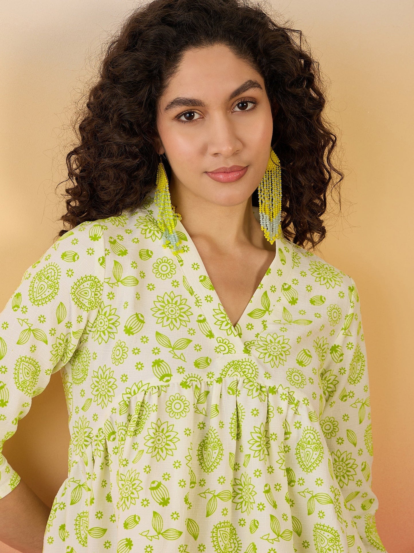 InWeave Green White Rubber Print Flared Dress - Swadesiicart