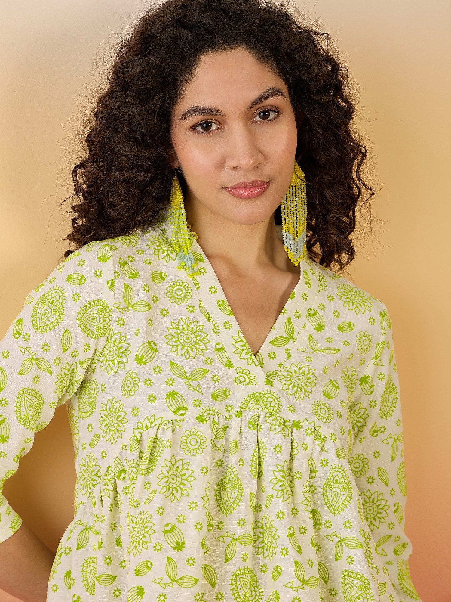 InWeave Green White Rubber Print Flared Dress - Swadesiicart