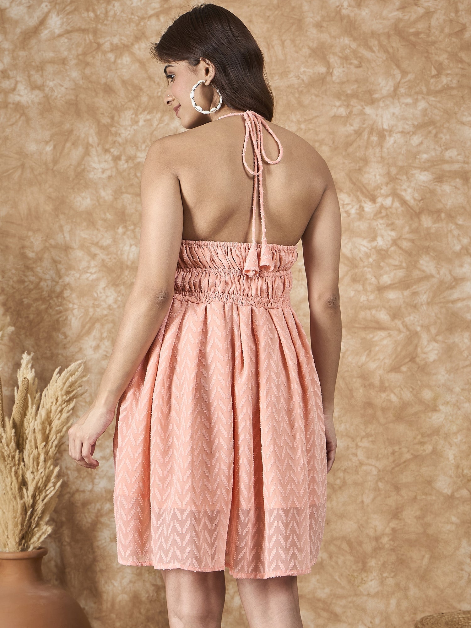 InWeave Peach Georgette Backless Dress - Swadesiicart