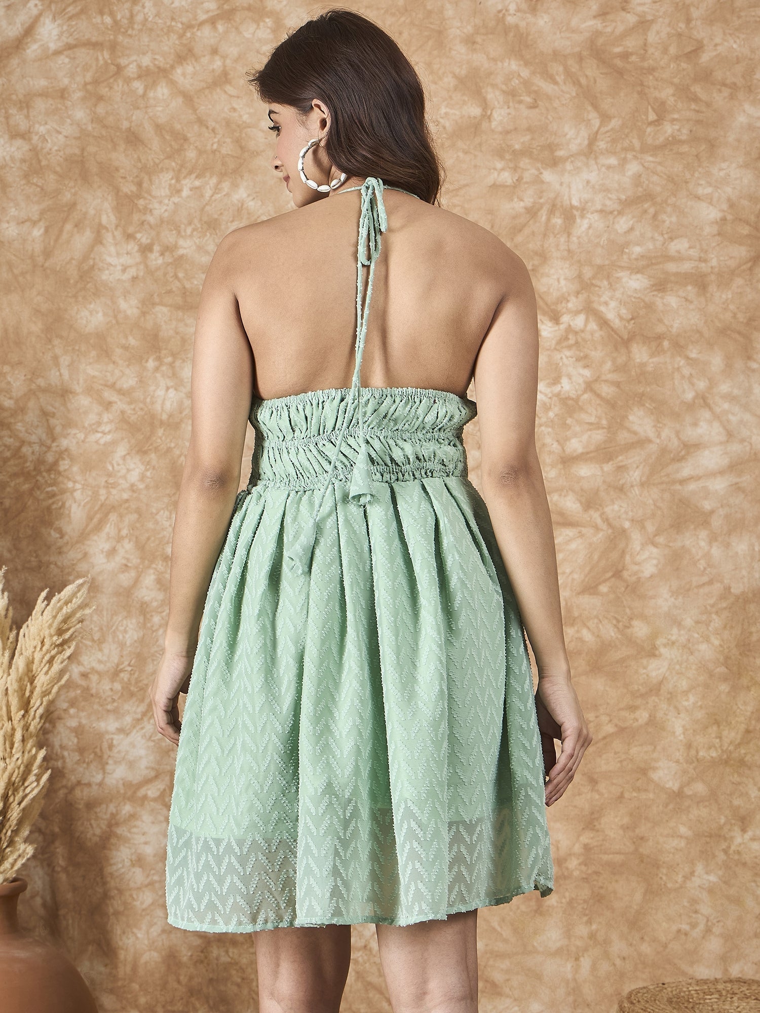 InWeave Mint Green Georgette Backless Dress - Swadesiicart