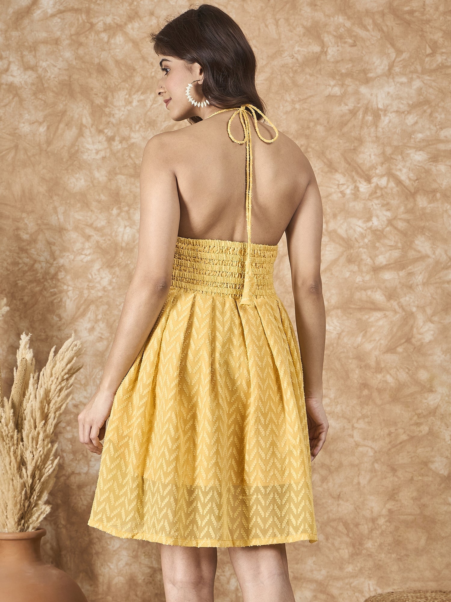 InWeave Yellow Georgette Backless Dress - Swadesiicart