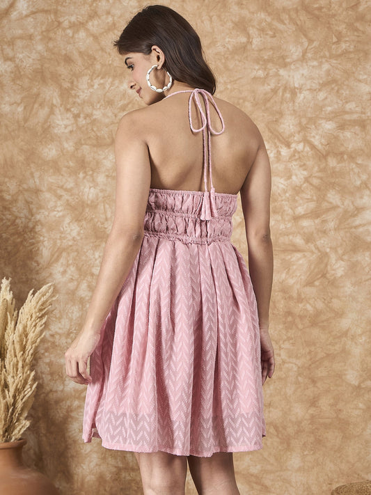 InWeave Light Pink Georgette Backless Dress - Swadesiicart