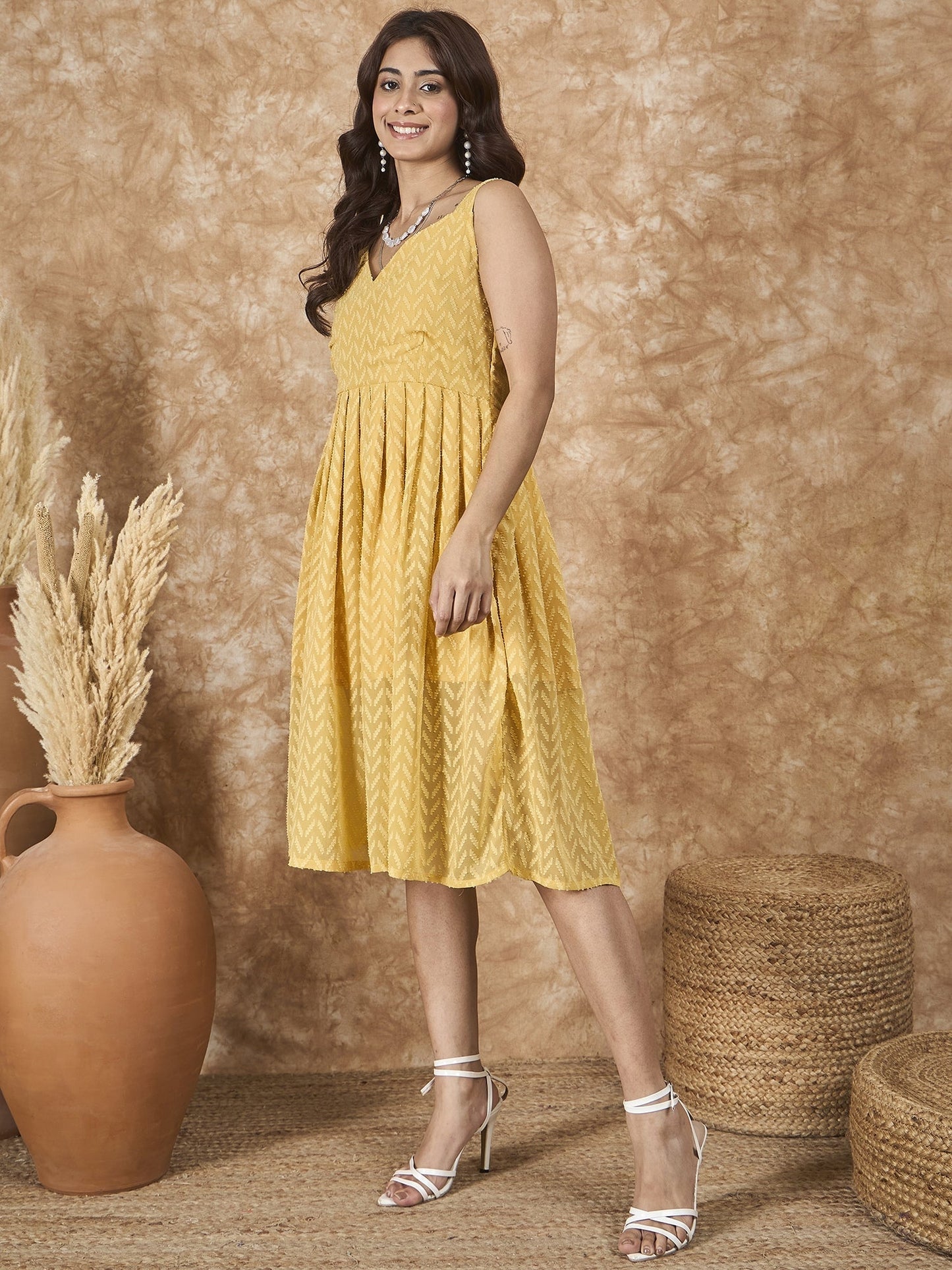 InWeave Yellow Georgette Sweetheart Dress - Swadesiicart