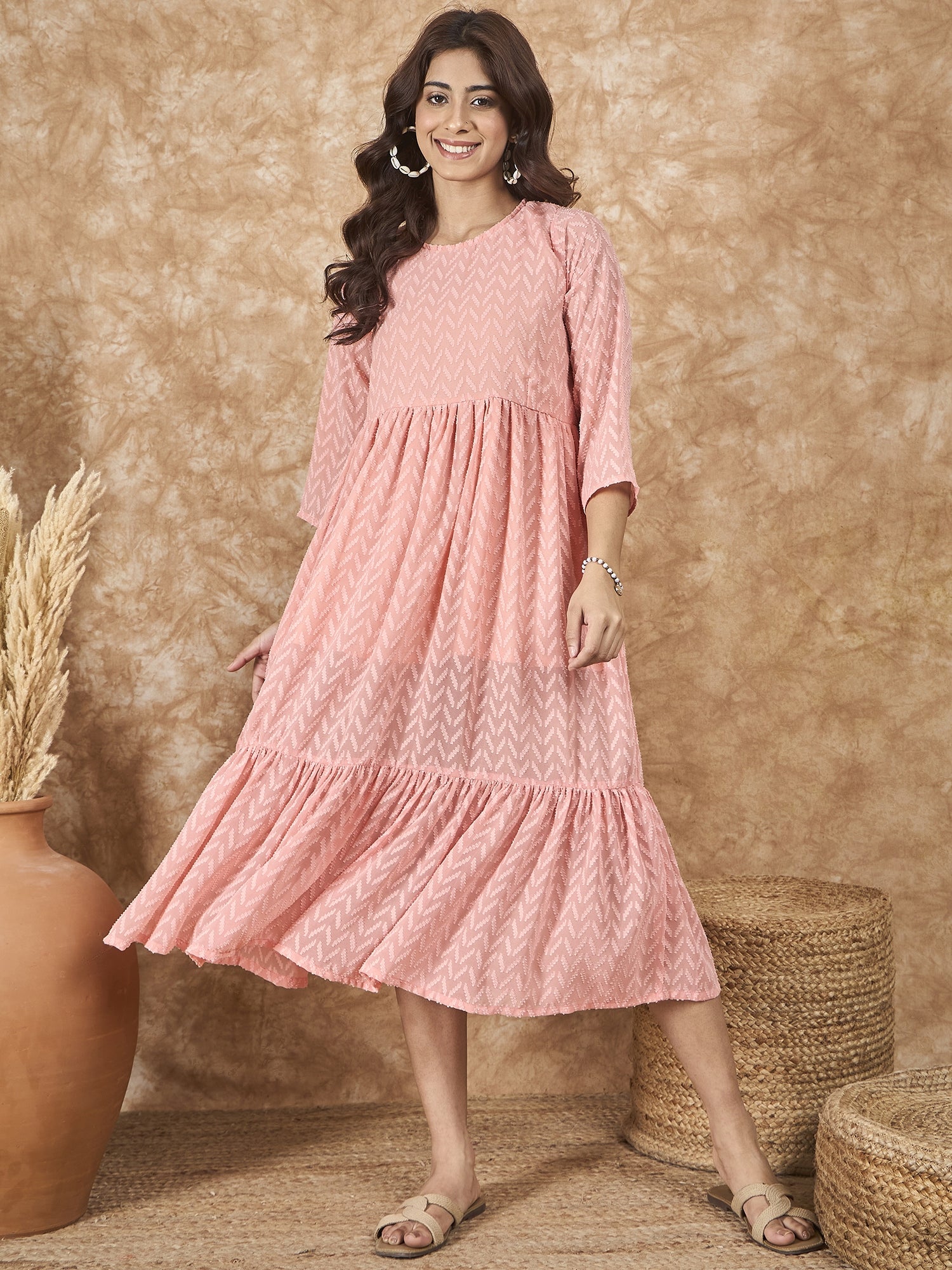InWeave Peach Georgette R Neck Dress - Swadesiicart