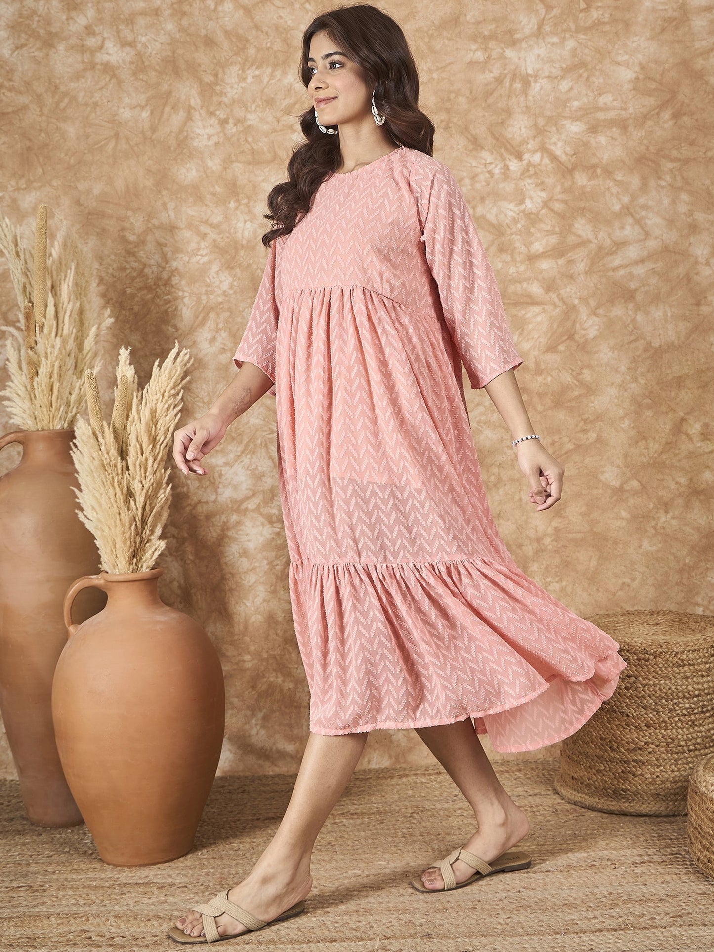 InWeave Peach Georgette R Neck Dress - Swadesiicart