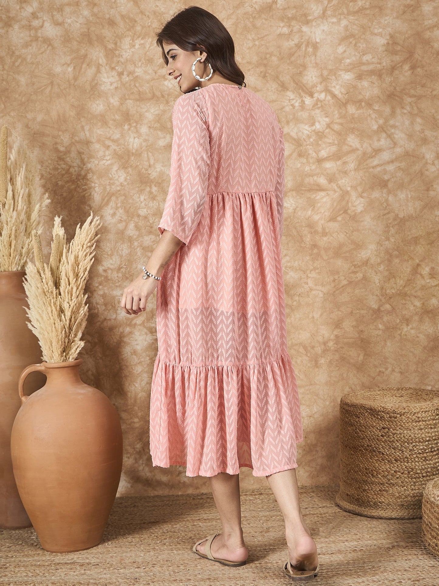 InWeave Peach Georgette R Neck Dress - Swadesiicart