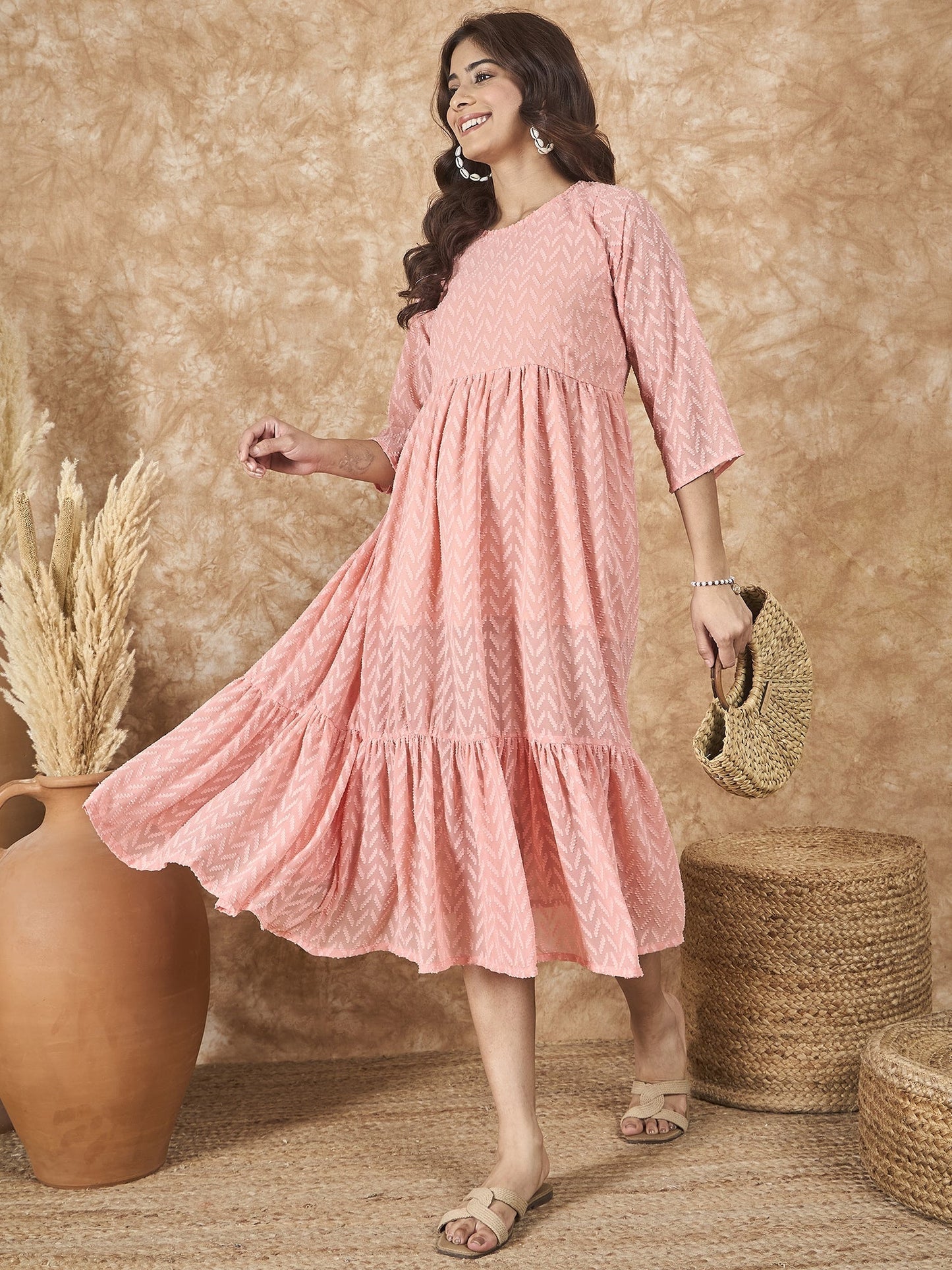 InWeave Peach Georgette R Neck Dress - Swadesiicart