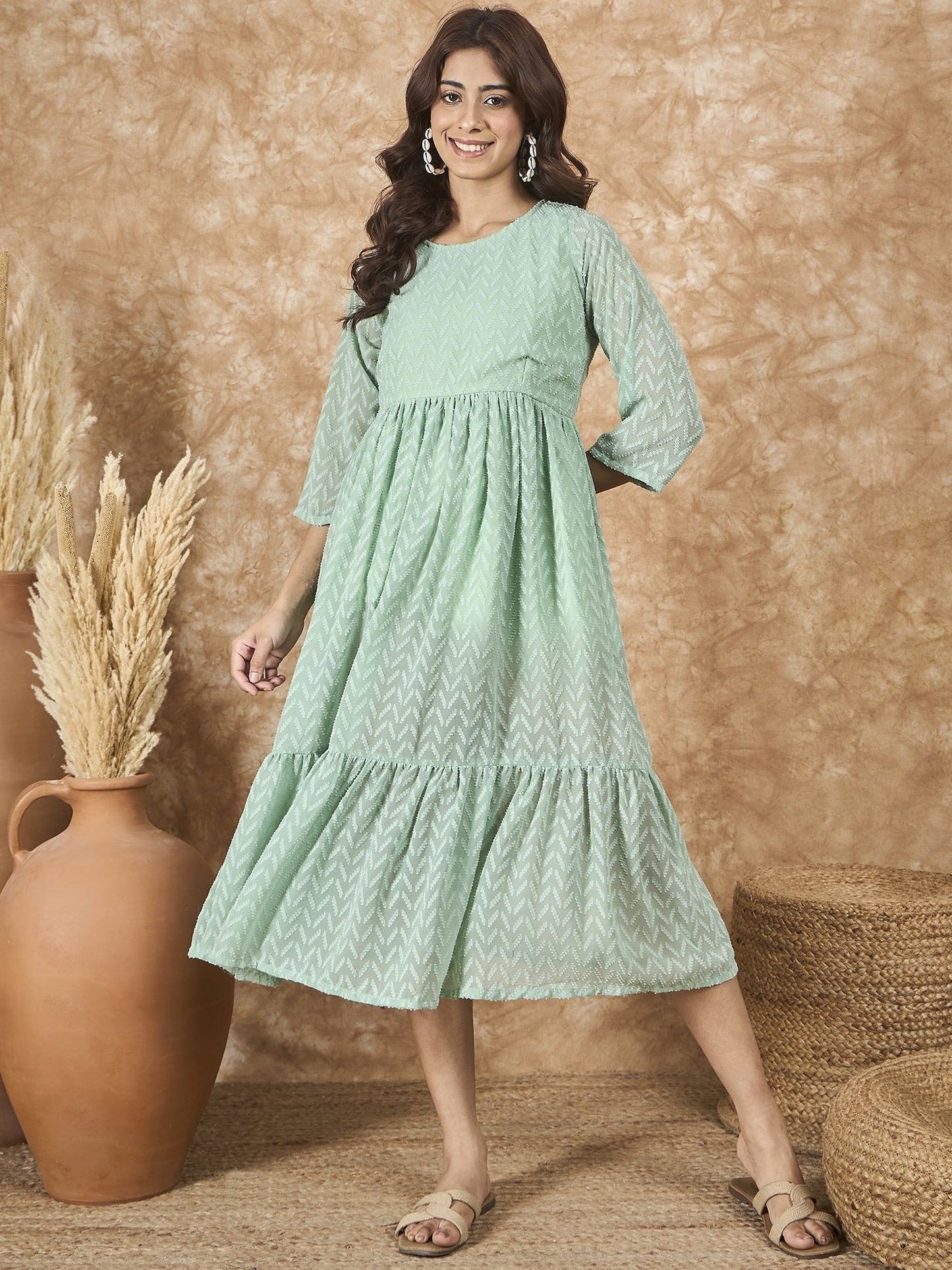 InWeave Mint Green Georgette R Neck Dress - Swadesiicart