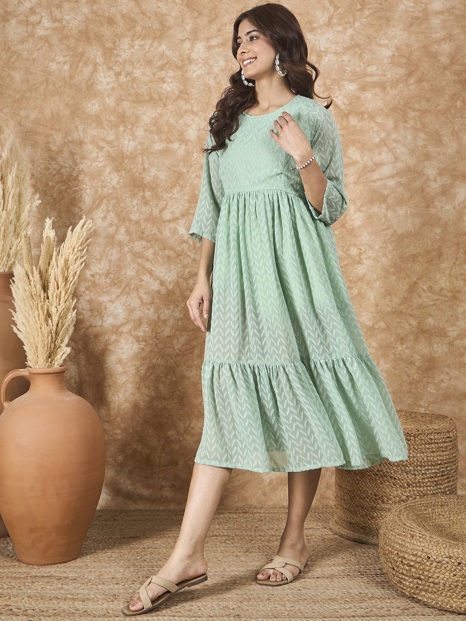InWeave Mint Green Georgette R Neck Dress - Swadesiicart