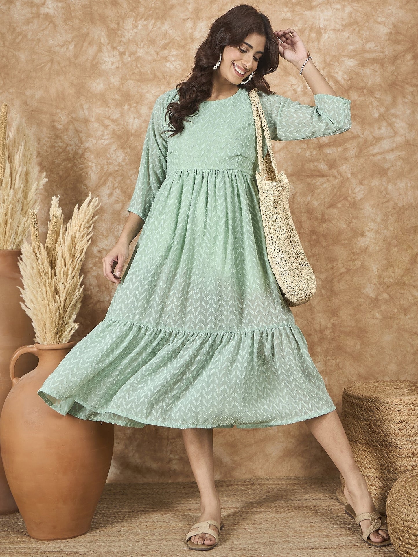 InWeave Mint Green Georgette R Neck Dress - Swadesiicart