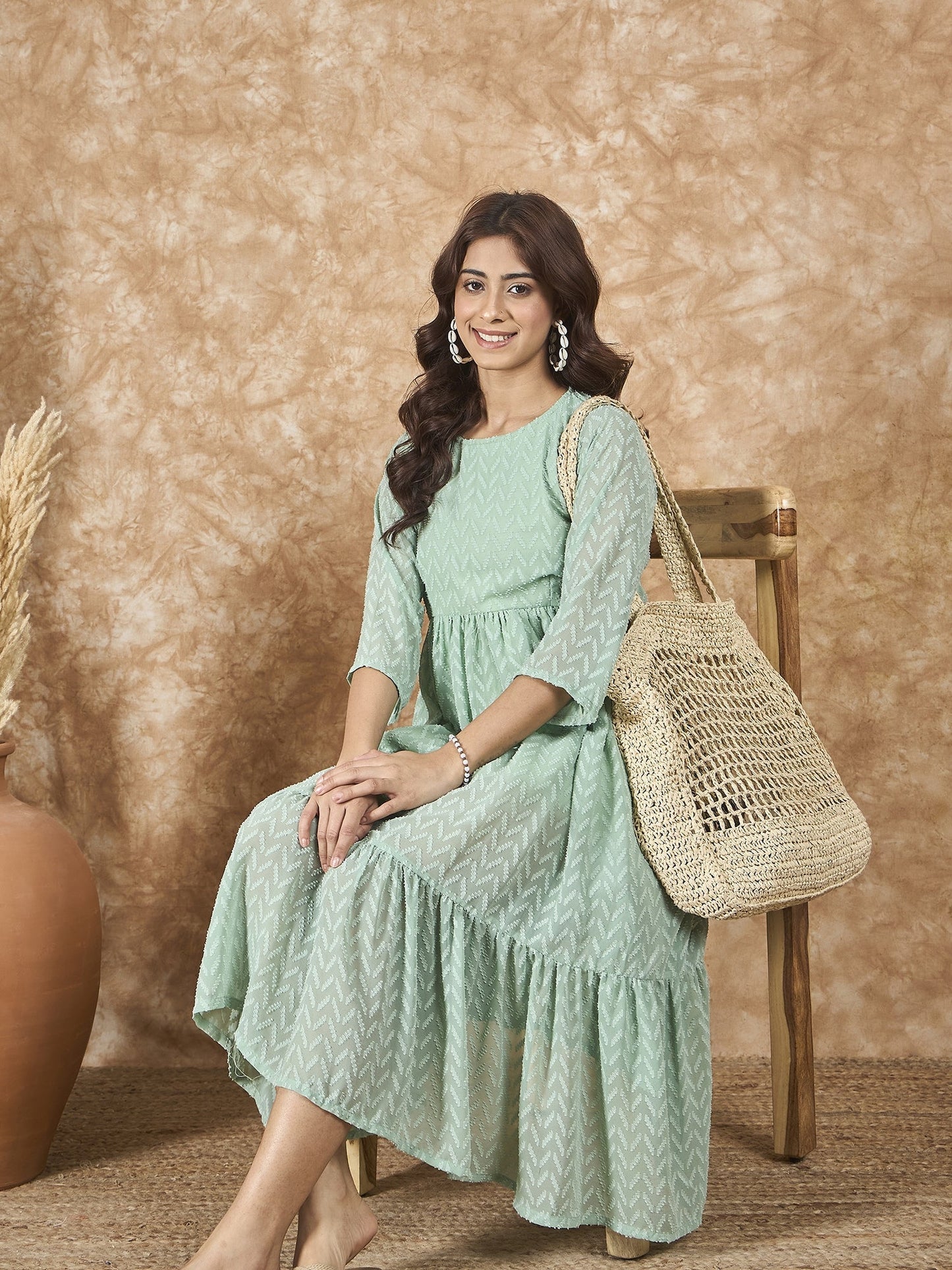 InWeave Mint Green Georgette R Neck Dress - Swadesiicart