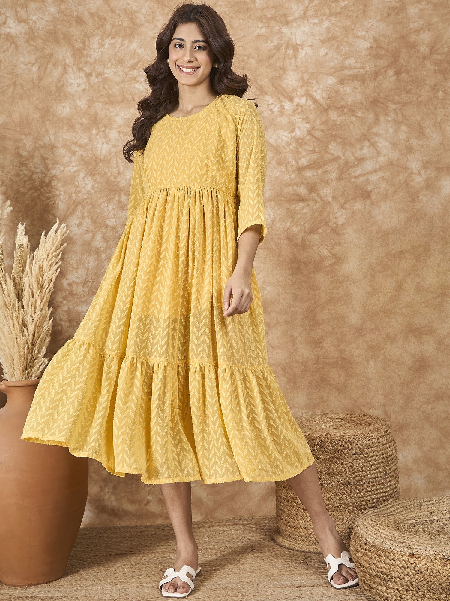 InWeave Yellow Georgette R Neck Dress - Swadesiicart