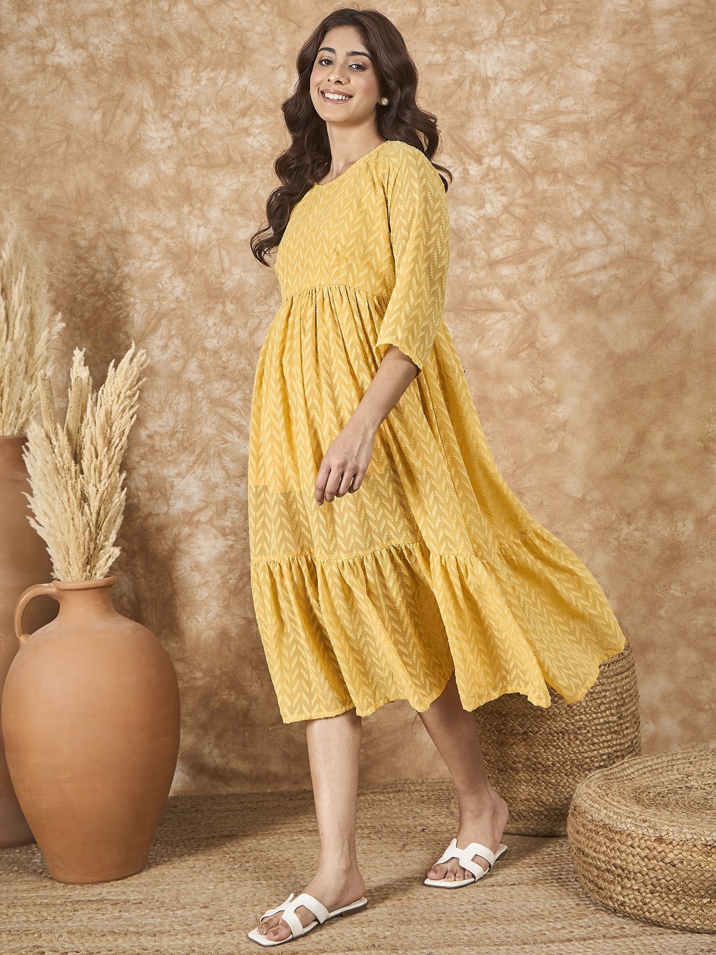 InWeave Yellow Georgette R Neck Dress - Swadesiicart