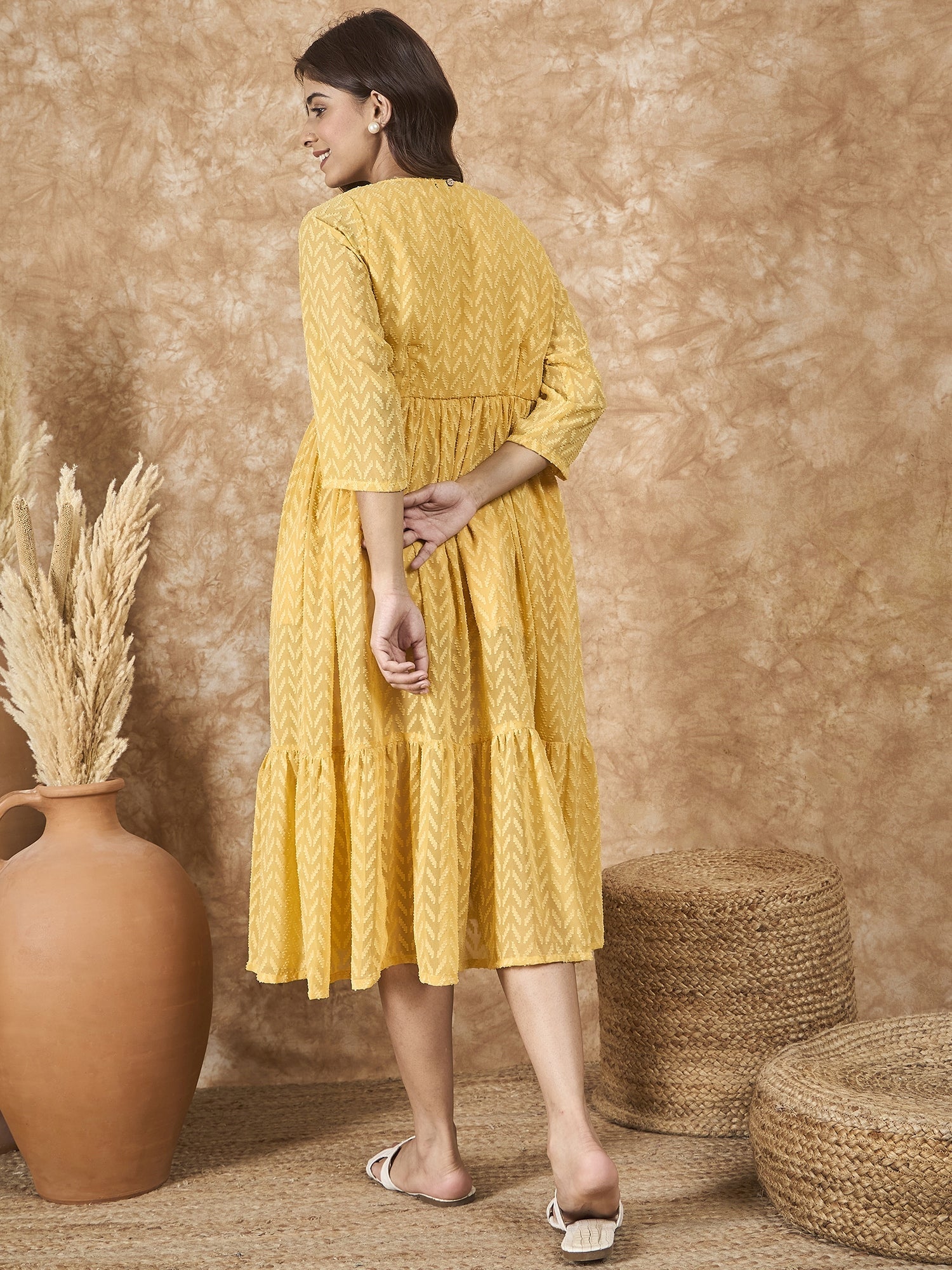 InWeave Yellow Georgette R Neck Dress - Swadesiicart
