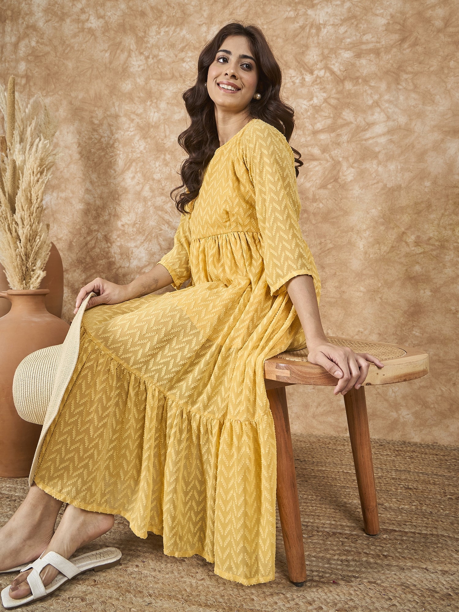 InWeave Yellow Georgette R Neck Dress - Swadesiicart