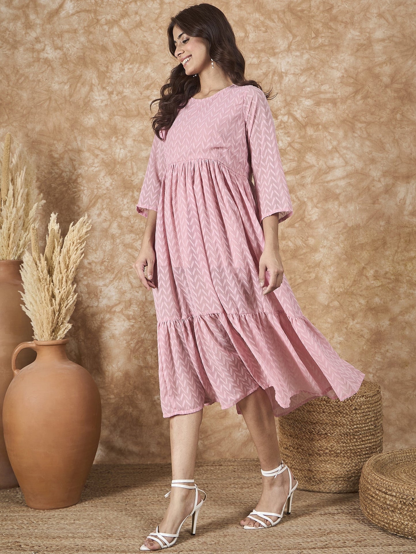 InWeave Light Pink Georgette R Neck Dress - Swadesiicart