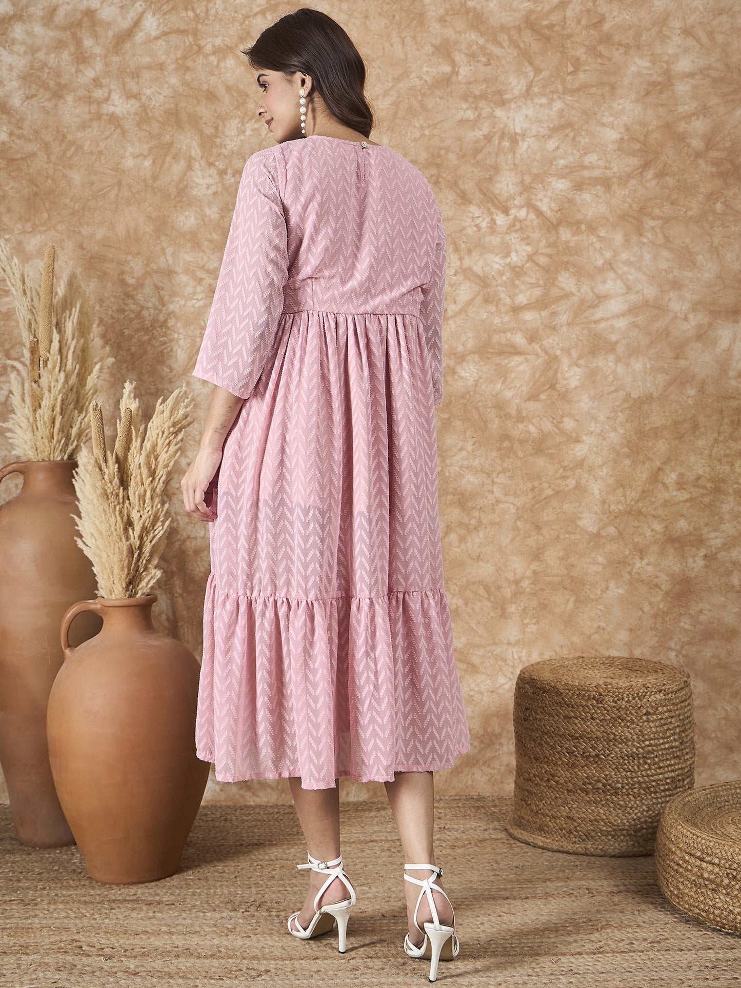 InWeave Light Pink Georgette R Neck Dress - Swadesiicart
